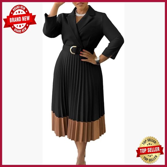 Long Sleeve Blazer Dress with Belt Polyester Blend Work Midi Dress